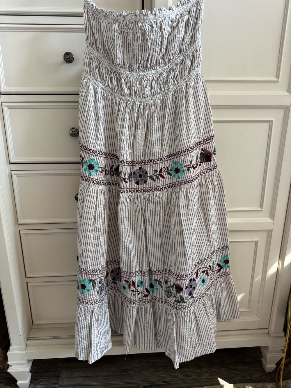 Free People Tan and White Striped Strapless Maxi Dress with Floral Embroidery